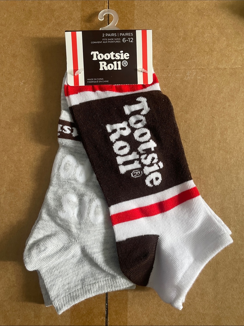Tootsie Roll Men's Ankle Socks - White & Brown with Red Stripes ⭐️2 for $11⭐️